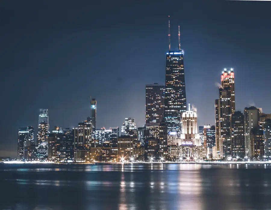 Graystone facades and tree-lined sidewalks in Chicago's Gold Coast at dusk